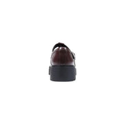 Calvin Klein women leather slip on mary jane shoe in dark brown with chunky black platform sole and silver buckle detail