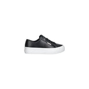 Calvin Klein women leather sneaker in black with a white platform sole and silver eyelets low top design