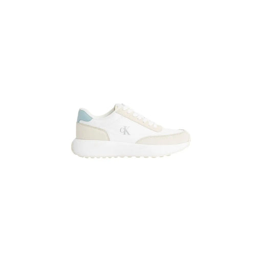 Calvin Klein women leather sneakers beige lace up with white accents and light blue heel tab shown from the back side