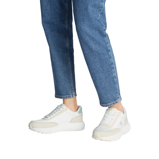 Calvin Klein women leather sneakers beige lace up low-top with white and beige leather and light blue heel accent