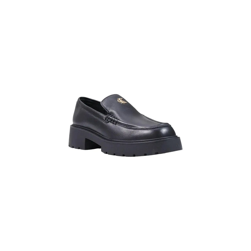 Calvin Klein women leather sneakers black featuring black leather loafer design with chunky rubber sole and gold logo on vamp