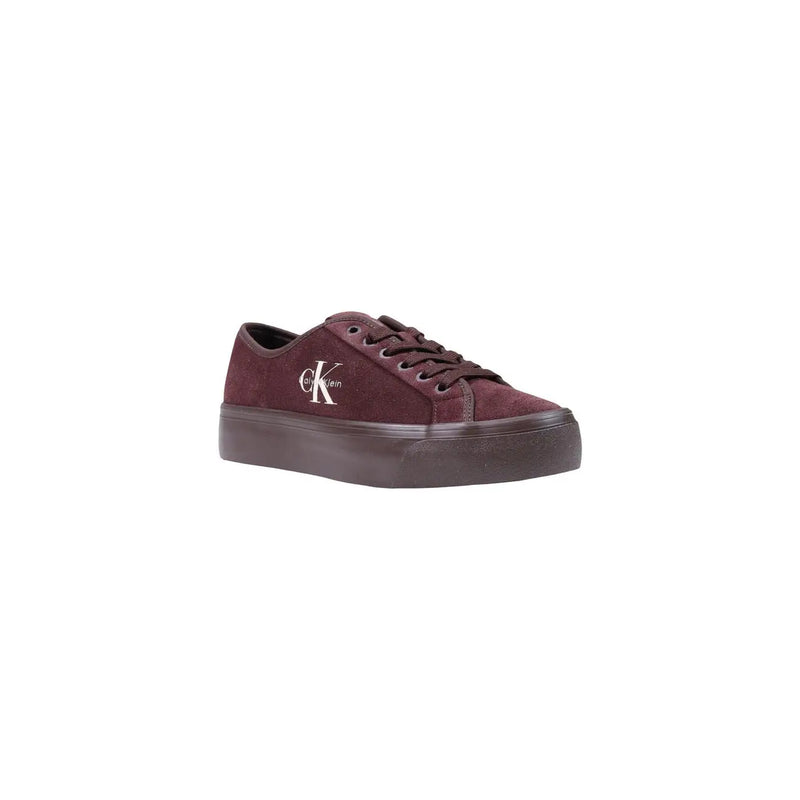 Calvin Klein women leather sneakers Bordeaux lace up featuring maroon suede low-top design with platform sole and white logo