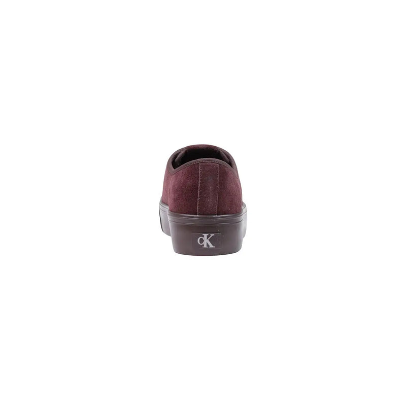 Calvin Klein women leather sneakers Bordeaux lace up in maroon suede with dark brown platform sole featuring ck logo