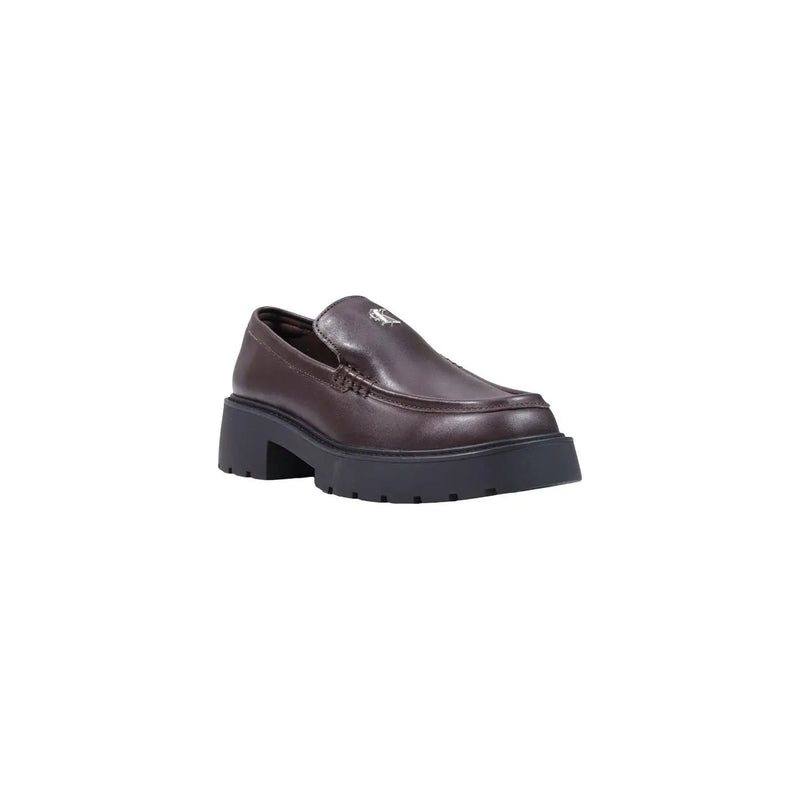 Calvin Klein women leather sneakers bordeaux featuring dark brown leather loafer design with chunky black rubber sole and silver logo