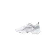 Calvin Klein women leather sneakers white with silver chunky sole and glossy metallic side panel accents
