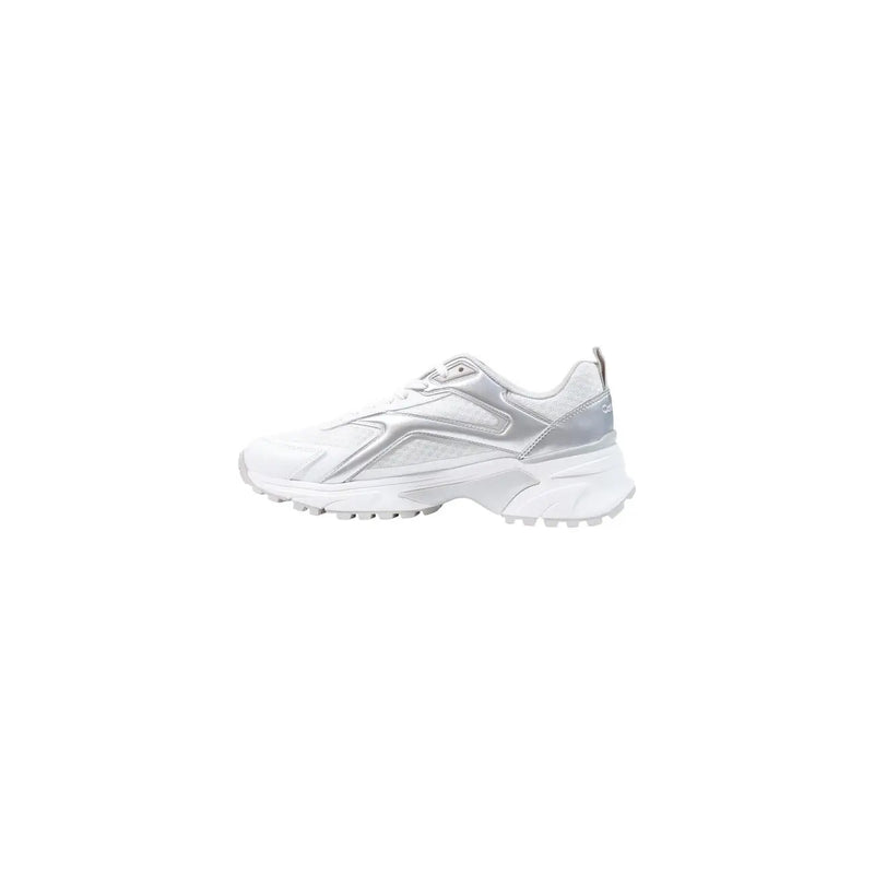 Calvin Klein women leather sneakers white with silver chunky sole and glossy metallic side panel accents