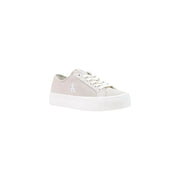 Light gray canvas low-top calvin klein women leather sneakers with white lace up and thick white rubber sole