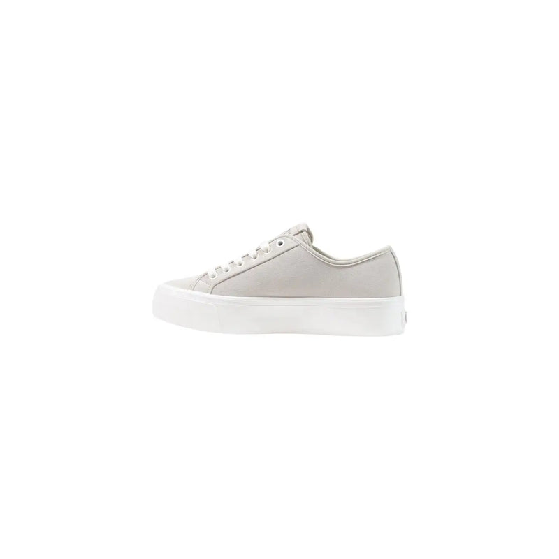 Calvin Klein women leather sneakers white lace up in light gray suede with thick white rubber sole and matching laces