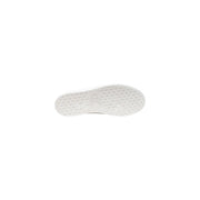 Back view of calvin klein women leather white lace up sneakers with white rubber sole and embossed logo at heel
