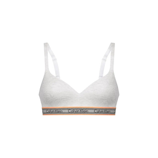 Weißes Calvin Klein Damen-BH-Top mit dünnen Trägern, grauem Logoband und pfirsichfarbenem Besatz aus Baumwoll-Modal-Stretchmaterial