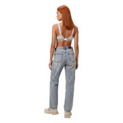 Light-wash denim jeans with straight-leg cut and classic back pockets shown from the back side