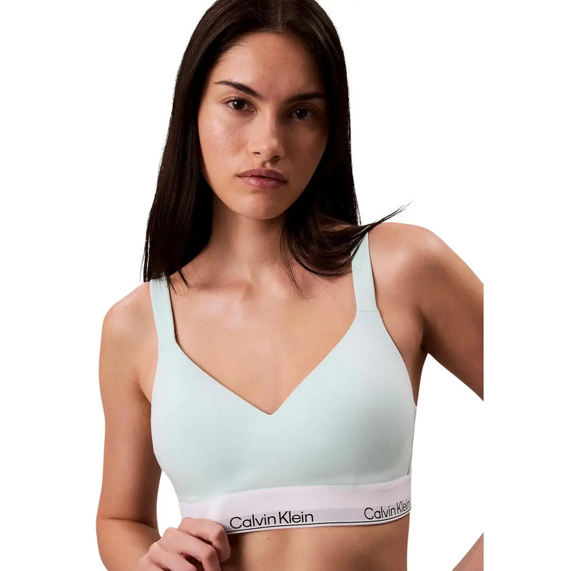 Light blue calvin klein women lift bralette with white cotton modal stretch band featuring brand logo