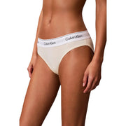 Cream-colored calvin klein briefs with white waistband logo, polyamide material, part of women light blue bikini underwear line