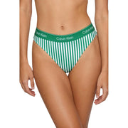 Calvin Klein women light blue bikini underwear showing green and white striped polyamide bottom with logo waistband