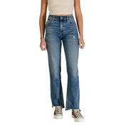 Calvin Klein women light blue distressed flare jeans back view