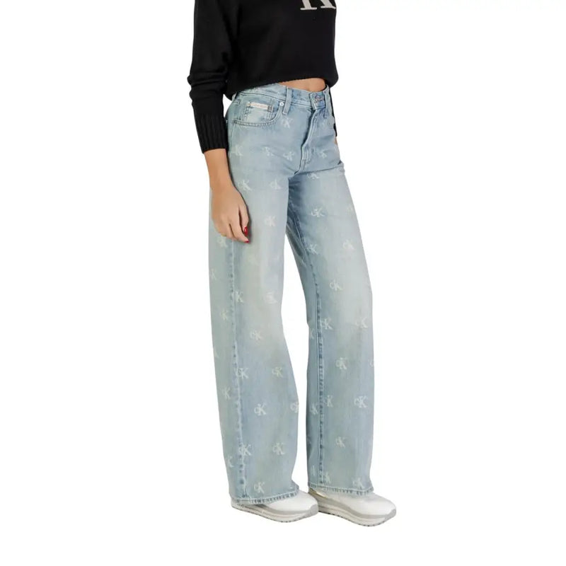 Light wash denim wide-leg jeans with all-over logo pattern from Calvin Klein Women collection