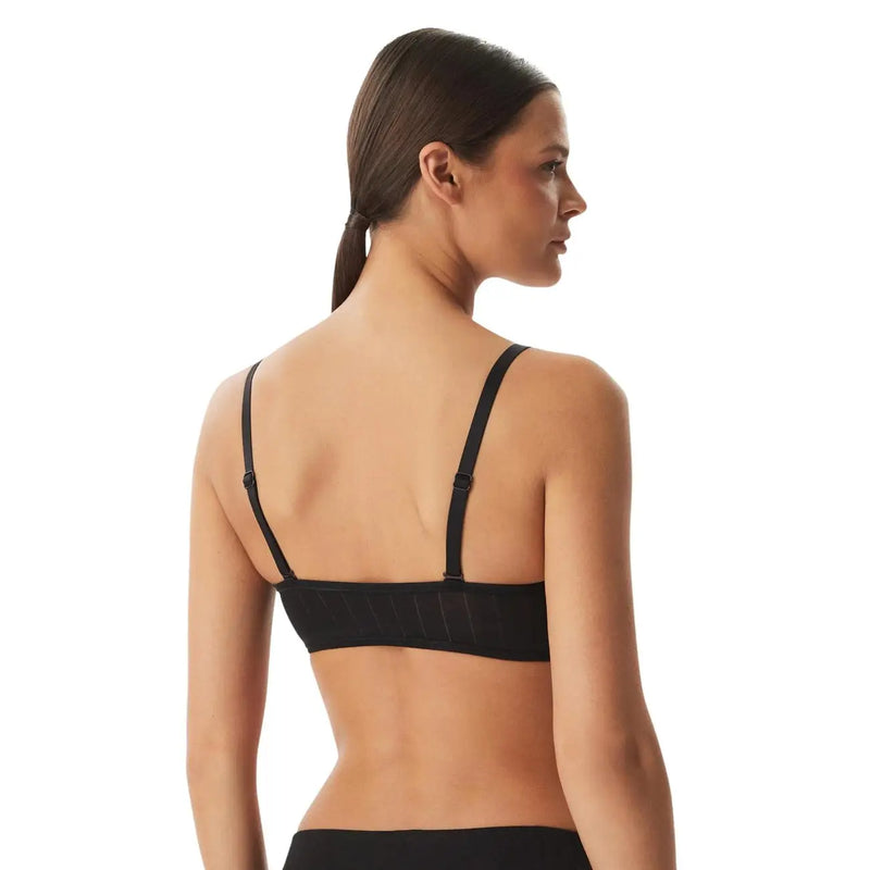 Calvin Klein women lightly lined bandeau black cotton bra with thin adjustable straps and smooth stretchy fabric finish