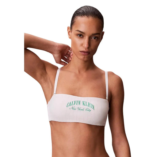 Calvin Klein women lightly lined white cotton bandeau bra with thin straps and green embroidered logo