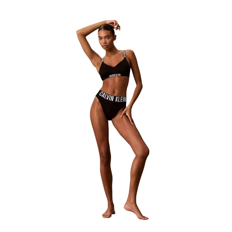 Black calvin klein lightly lined bralette and bikini set with white logo trim made of polyester for women