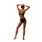 Black calvin klein lightly lined bralette two-piece underwear set with white logo detailing on polyester fabric