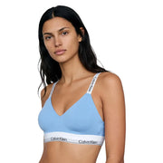 Light blue calvin klein lightly lined bralette with white elastic polyester straps and black branded band