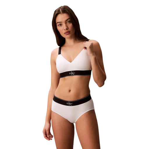 Calvin Klein Damen-Set aus leicht gefüttertem, weißem Bralette und Unterwäsche mit schwarzen Gummibändern und Markenlogo