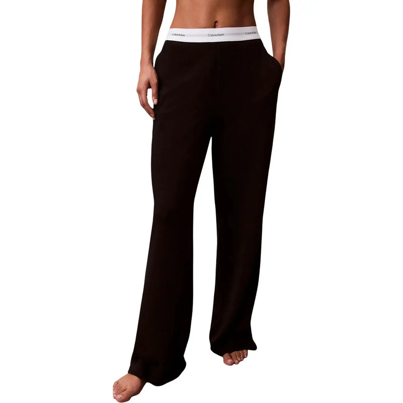 Black calvin klein women logo jersey wide-leg cotton pant with white elastic waistband featuring brand logo