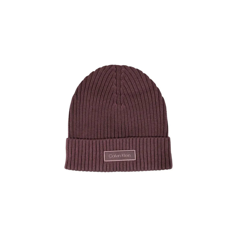 Calvin klein women purple rib cotton beanie with folded cuff and brand label in maroon color