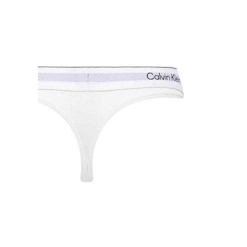 Calvin Klein women thong 2PK white cotton modal underwear with gray elastic waistband and black logo front view
