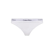 Calvin Klein women thong 2PK white cotton modal underwear with gray waistband and black logo lettering