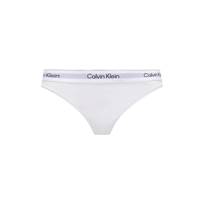 Calvin Klein women thong 2PK white cotton modal underwear with gray waistband and black logo lettering