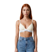 Cream-colored Calvin Klein lightly lined triangle bra with thin straps and white cotton band featuring logo