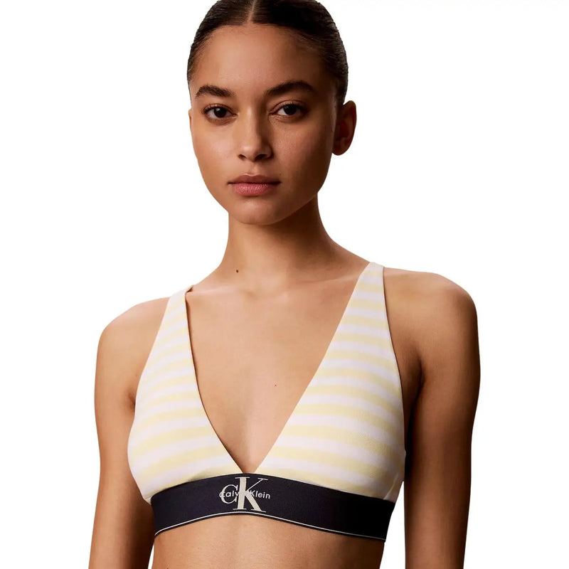 Calvin Klein women underwear lightly lined triangle bra in cream and white stripes with black cotton band and ck logo