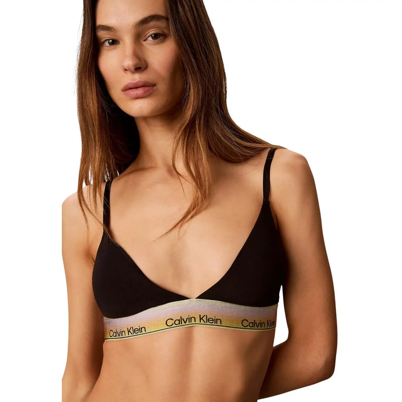 Black Calvin Klein lightly lined triangle bra with signature gold and white logo elastic band in cotton material