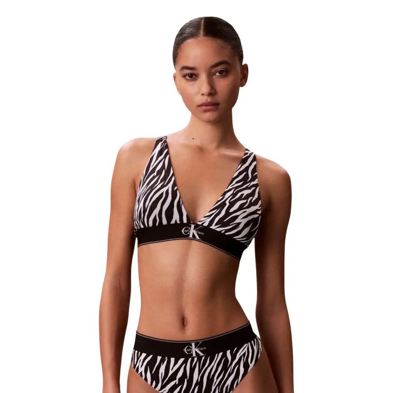 Black and white zebra-print Calvin Klein lightly lined triangle bikini set made of white cotton for women underwear
