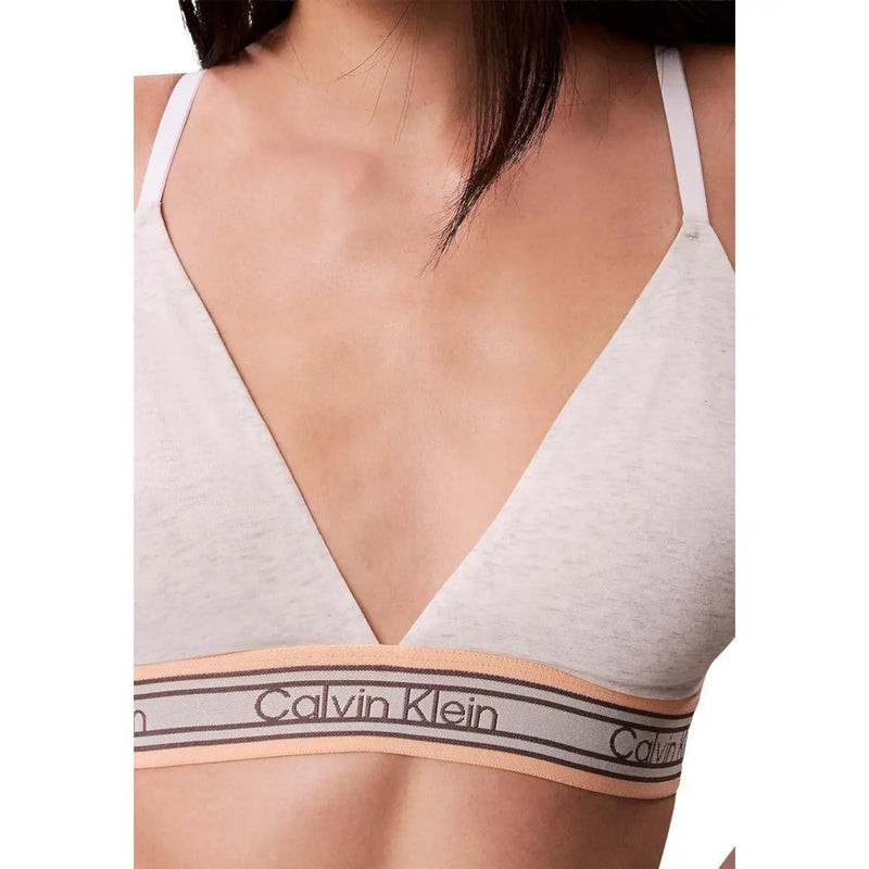 Calvin Klein women lightly lined triangle bra in light gray heathered cotton with peach logo band in black