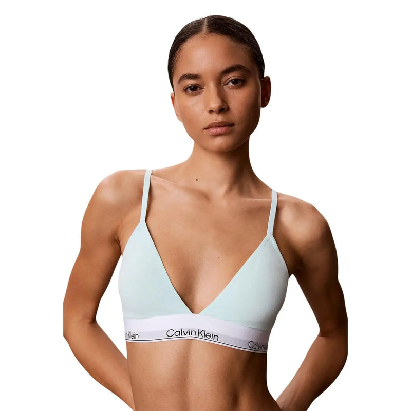 Light blue Calvin Klein lightly lined triangle bra with white cotton band and black logo for women underwear
