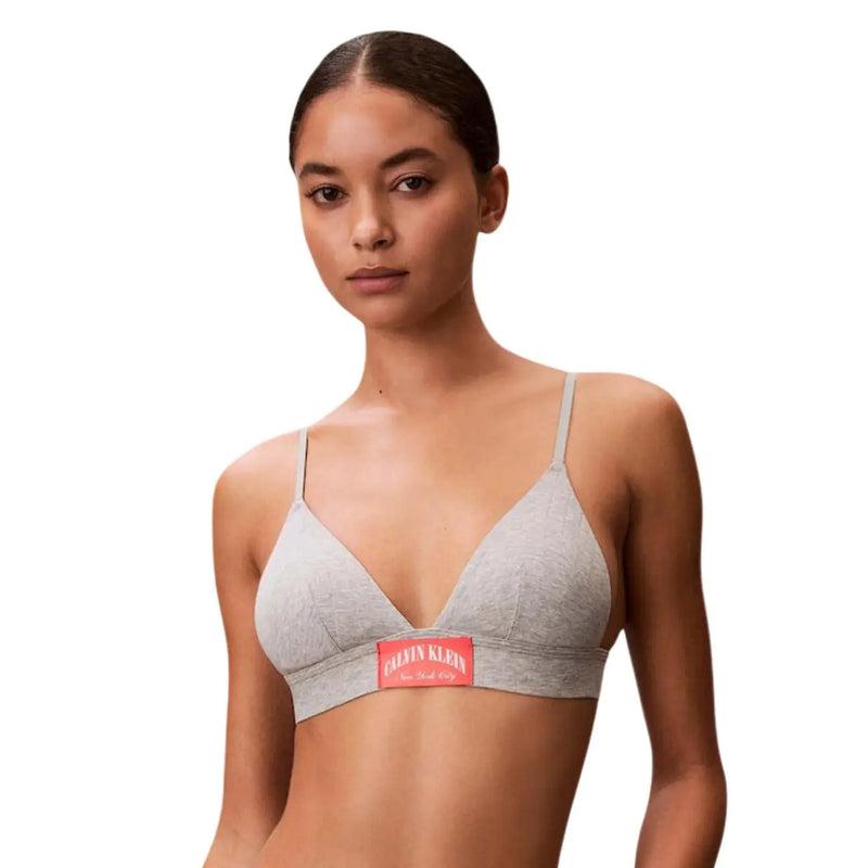 Gray Calvin Klein lightly lined triangle bra with thin straps and red label made of cotton for women underwear