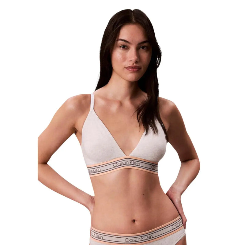 White calvin klein lightly lined triangle cotton bra with peach and gray logo band for women underwear