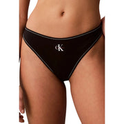 Calvin Klein women black polyester thong with white stitching and small ck logo on the front