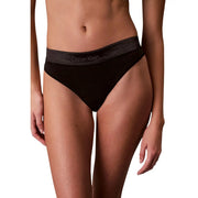 Black Calvin Klein polyester thong with subtle gray logo band for women underwear showing the back side