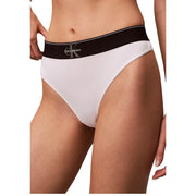 White Calvin Klein polyester thong underwear with black logo waistband designed for women