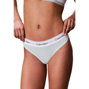 White calvin klein polyester thong with black logo band showing the back side for women underwear use