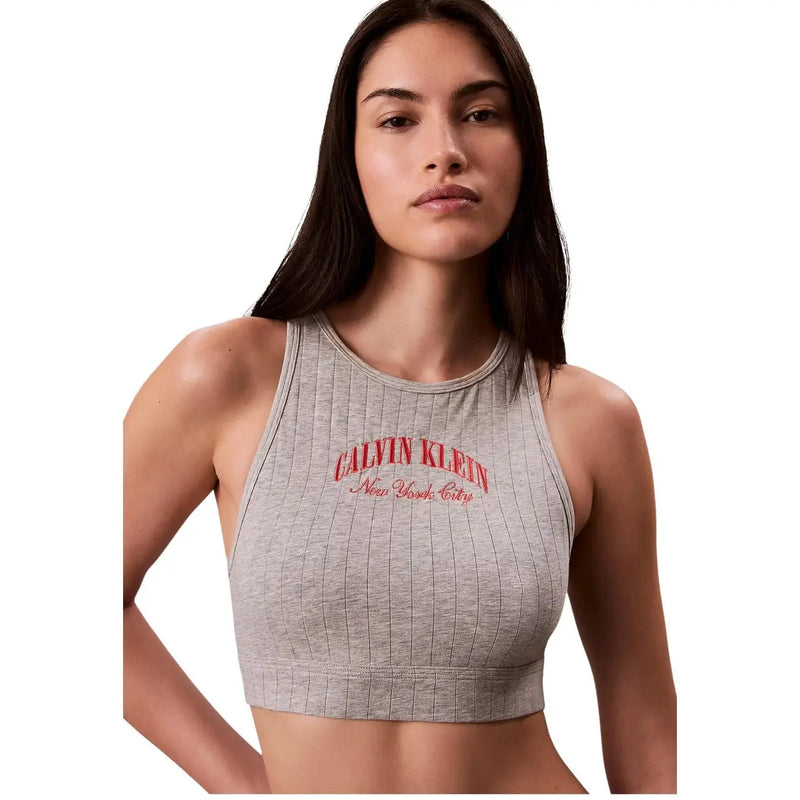 Gray ribbed Calvin Klein New York City crop top with red embroidered logo made of cotton modal for women