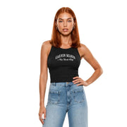 Calvin Klein women unlined bralette in grey cotton modal with black tank top featuring New York City embroidery