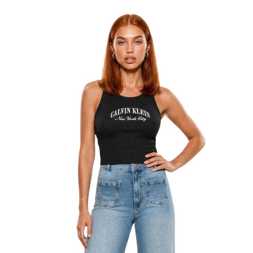 Calvin Klein women unlined bralette in grey cotton modal with black tank top featuring New York City embroidery