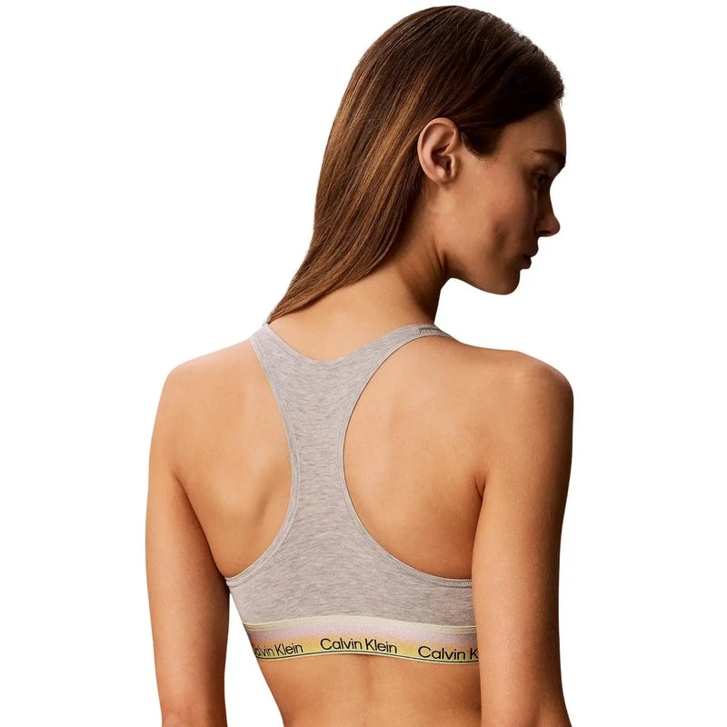 Calvin Klein women unlined bralette in grey cotton modal with gray heathered fabric and ribbed waistband logo in black and gold