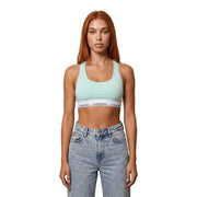 Light green Calvin Klein unlined bra with white logo elastic band made of grey cotton modal for women