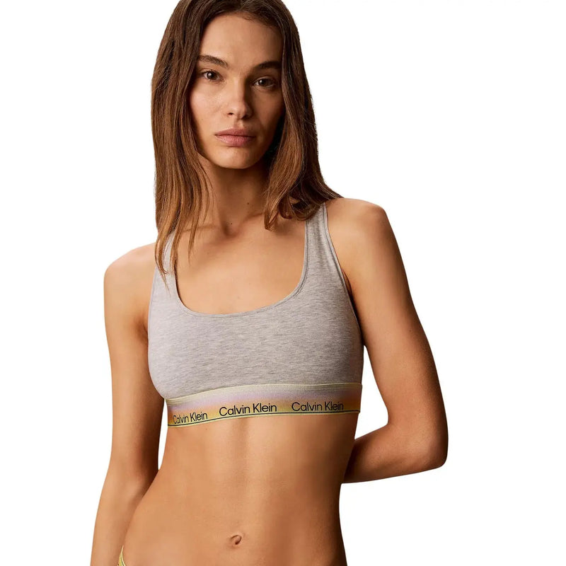 Calvin Klein women unlined grey cotton modal bralette with ribbed band and black and yellow logo detailing