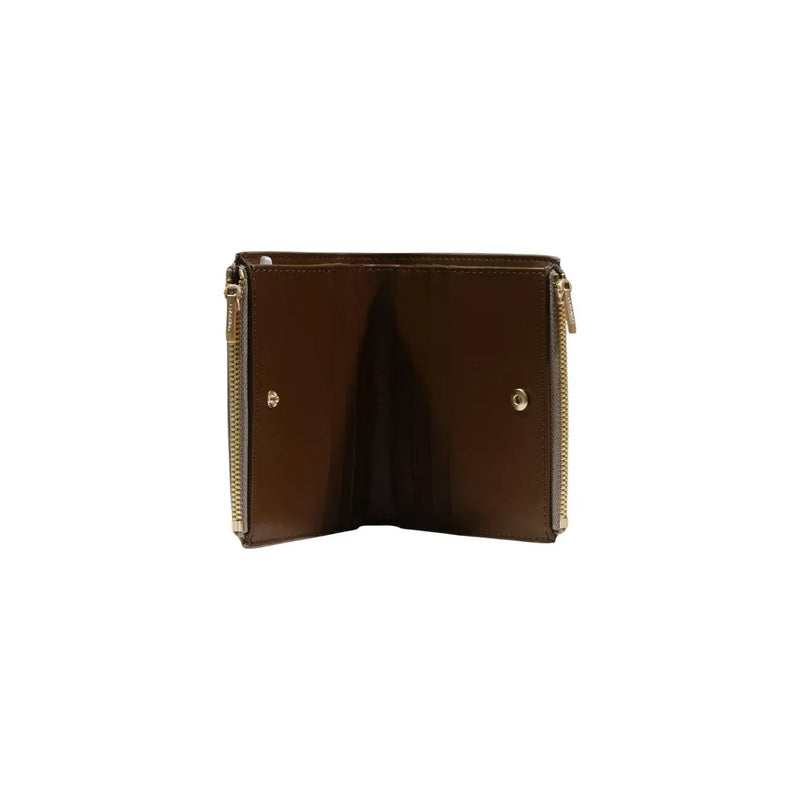 Calvin klein women wallet beige brown patent leather with gold-tone zippers and metallic studs 11.5x7.5x2 cm